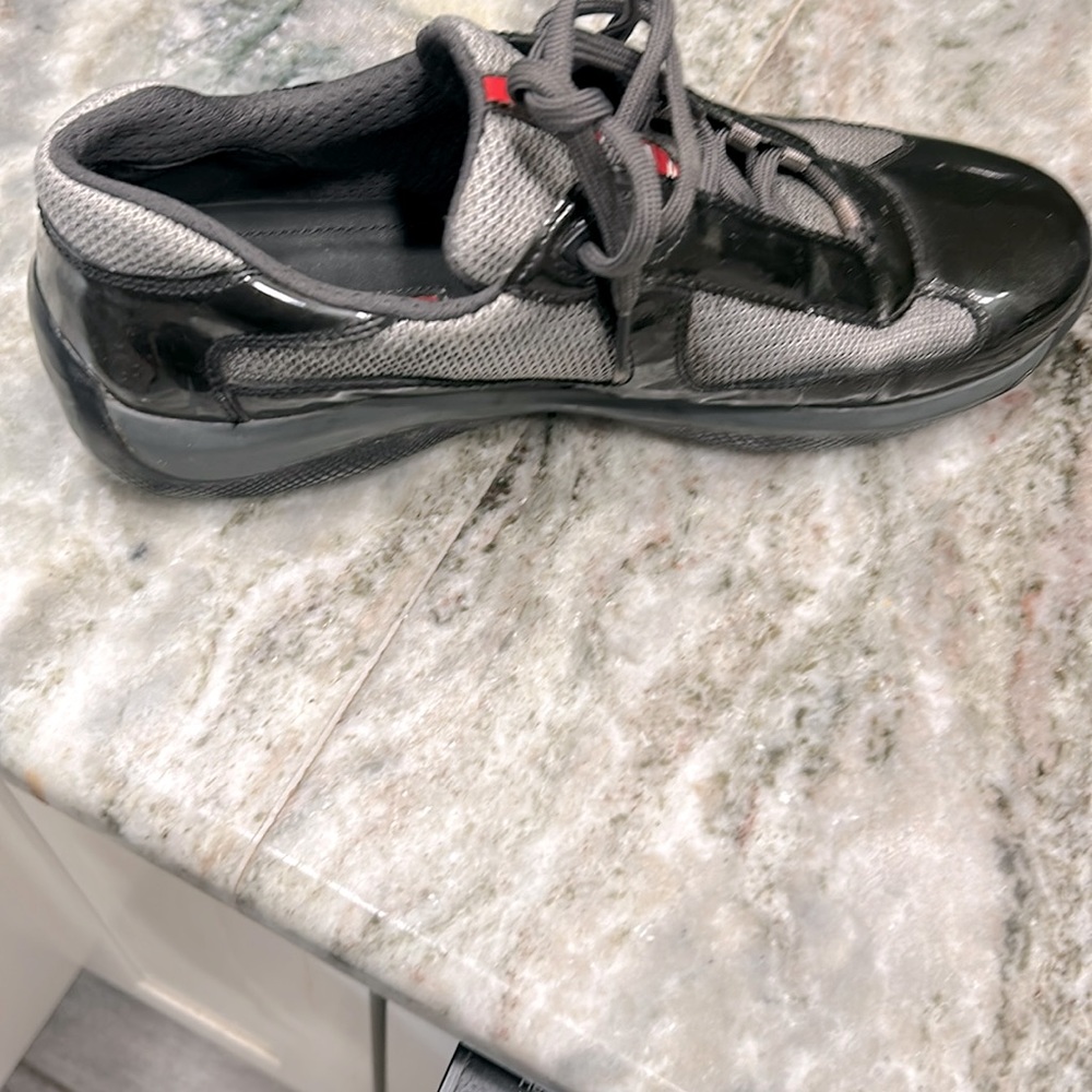 Prada black patent leather grey cloth  mid condition ask for $ 220
